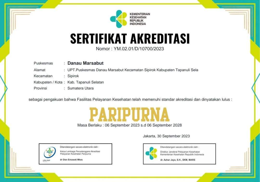 Bupati Tapsel ; Selamat dan Sukses atas Re-Akreditasi Puskesmas Danau Marsabut yang meraih tingkat: PARIPURNA.